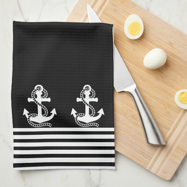 Linge De Cuisine Blancs noirs et Ancres blanches (Quart Plié)