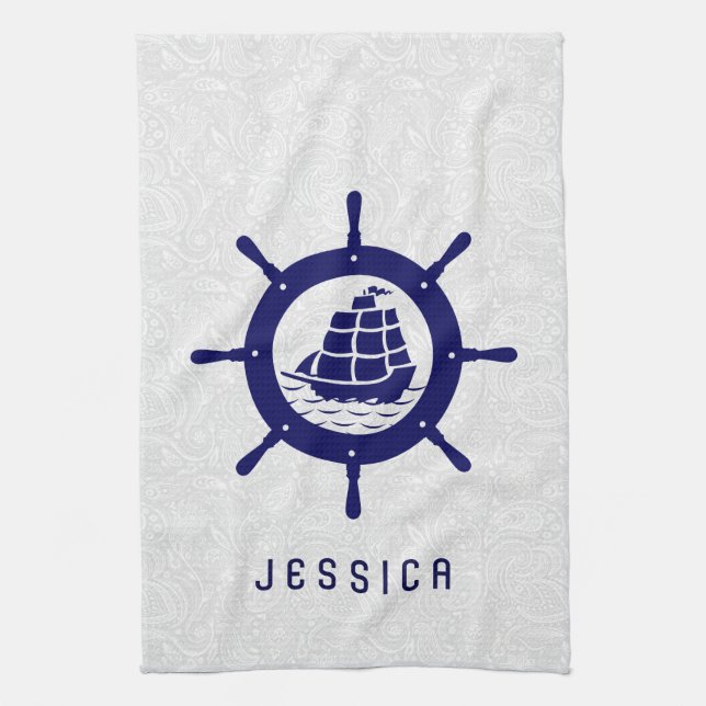 Linge De Cuisine Blancs Paisley Damas & Bleu Nautique Bateau Roue (Vertical)