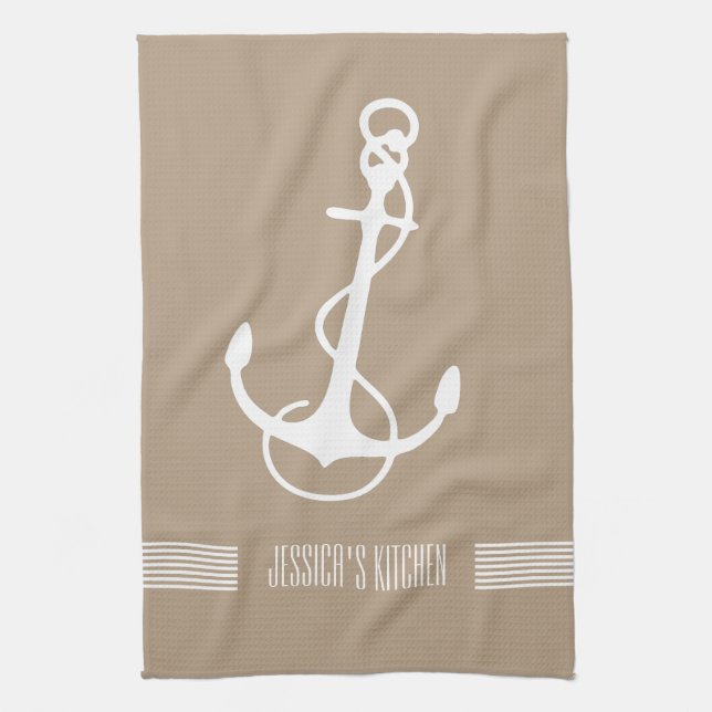 Linge De Cuisine Blancs & Tan Et Ancre Nautique Bateau (Vertical)