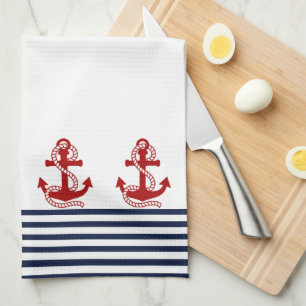 Linge De Cuisine Bleu blanc de la marine et Ancre rouge