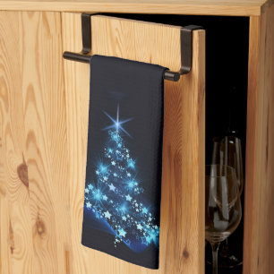 Linge De Cuisine Bleu brillant des étoiles sur l'arbre de Noël fonc