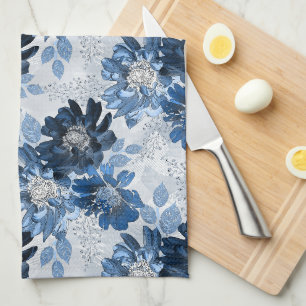 Linge De Cuisine Bleu clair, fleurs bleu foncé sur gris clair