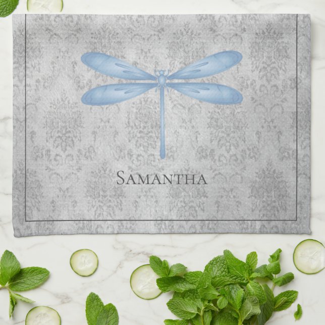 Linge De Cuisine Bleu Dragonfly Damas (Plié)
