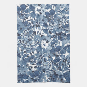 Linge De Cuisine Bleu et blanc Aquarelle papillon floral Élégant