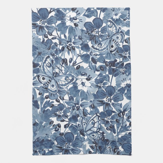 Linge De Cuisine Bleu et blanc Aquarelle papillon floral Élégant (Vertical)