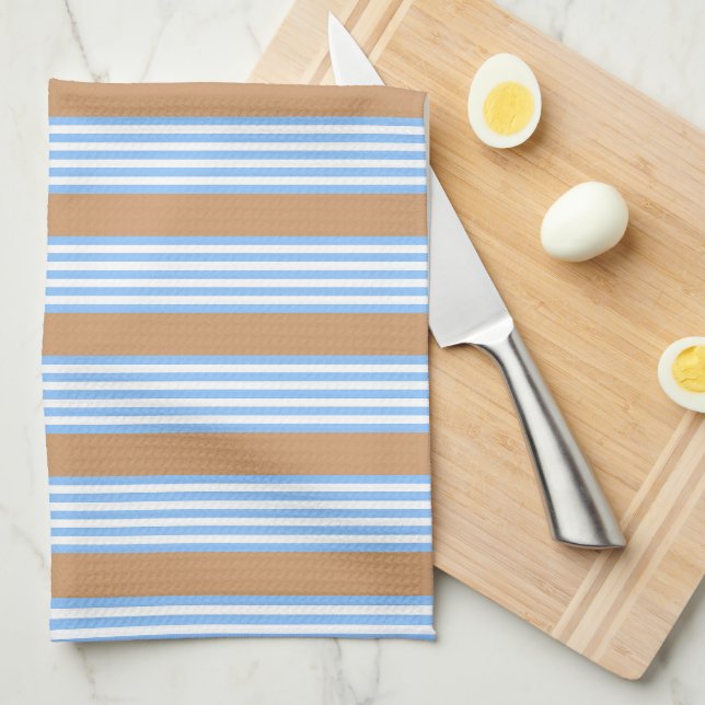 Linge De Cuisine Bleu et blanc cinq bandes motif avec bronze (Quart Plié)