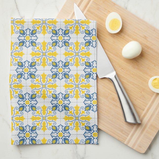 Linge De Cuisine Bleu et jaune joli carrelage portugais motif (Quart Plié)