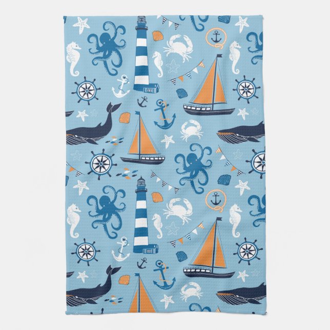 Linge De Cuisine Bleu et orange d'océan nautiques (Vertical)