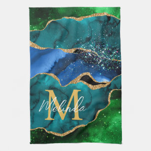 Linge De Cuisine Bleu et vert Peacock Faux Parties scintillant Agat