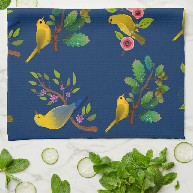 Linge De Cuisine Bleu Floral Bird Imprimer (Plié)