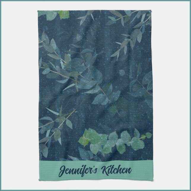 Linge De Cuisine Bleu foncé et Feuilles verts Turquoises (Créateur téléchargé)