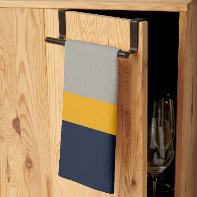 Linge De Cuisine Bleu foncé, Jaune, Gris rayé Texté (Pliage en tiers)