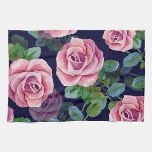 Linge De Cuisine Bleu foncé, Roses Roses Rose Aquarelle.
