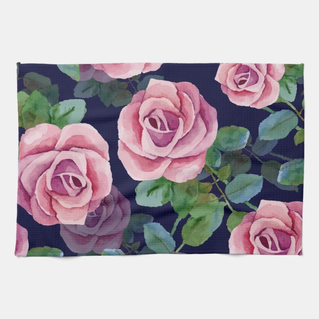 Linge De Cuisine Bleu foncé, Roses Roses Rose Aquarelle. (Horizontal)