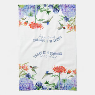Linge De Cuisine Bleu Hydrangea Birds Coral Orange Floral Bonne Jou