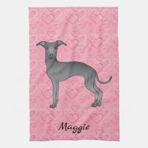 Linge De Cuisine Bleu Italien Greyhound Chien mignon Sur Coeur Rose