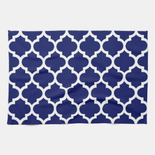 Linge De Cuisine Bleu marine blanc motif quatrefeuilles marocain #5