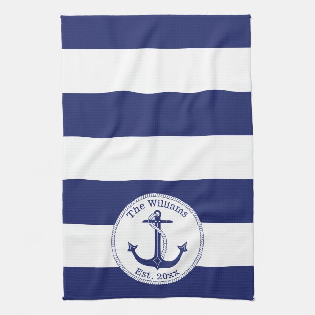 Linge De Cuisine Bleu marine et blanc nautique barrés (Vertical)