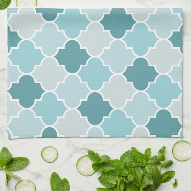 Linge De Cuisine Bleu Marocain Trellis, Lattes, Quatrefoil (Plié)