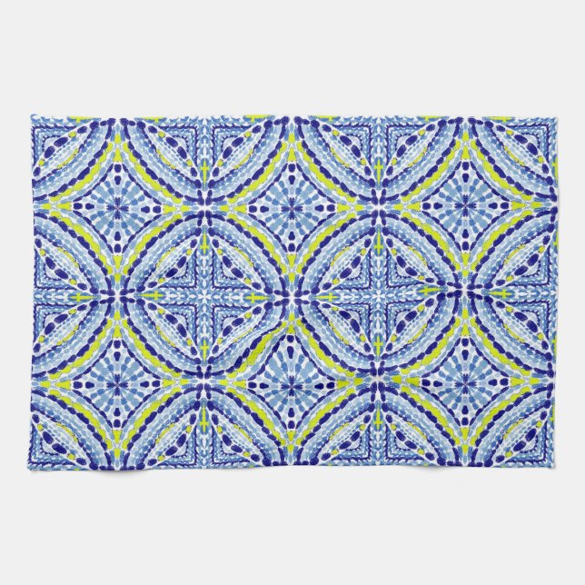 Linge De Cuisine Bleu Méditerranéen Peint à la main en mosaïque (Horizontal)