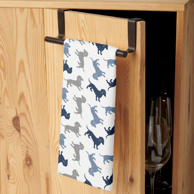 Linge De Cuisine Bleu mignon Dachshunds en Damask (Pliage en tiers)