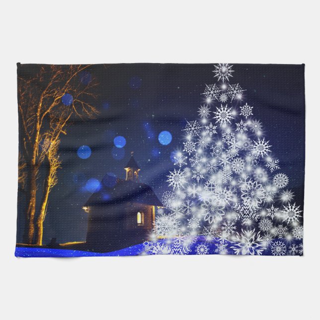 Linge De Cuisine Bleu Noël blanc arbres vacances (Horizontal)