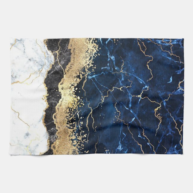 Linge De Cuisine Bleu noir Marbre blanc (Horizontal)