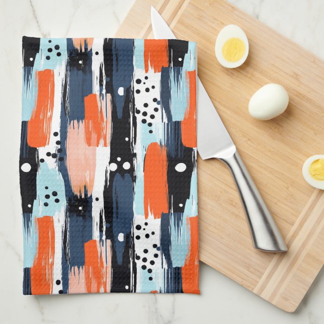 Linge De Cuisine Bleu orange brosses Motif Abstrait (Quart Plié)