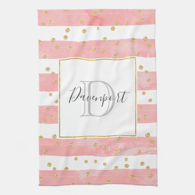 Linge De Cuisine Bleu rose | Faux Gold Confetti Monogramme (Vertical)