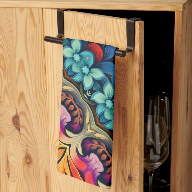 Linge De Cuisine bleu rose jaune Fleurs (Pliage en tiers)