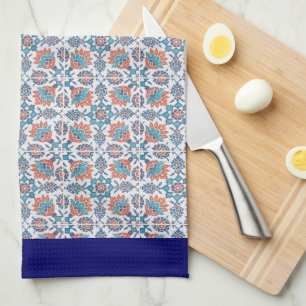 Linge De Cuisine Bleu Rouge Corfleur Floral Motif Bleu Bordure