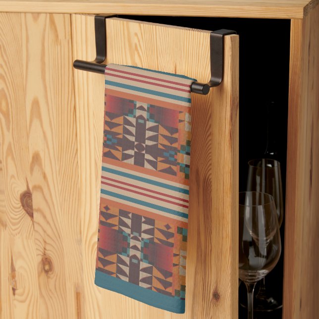 Linge De Cuisine Bleu turquoise Beige Rouge foncé Art Tribal Brown  (Pliage en tiers)