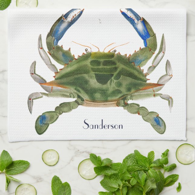 Linge De Cuisine Bleu Vert Crabe Côtière Nautique (Plié)