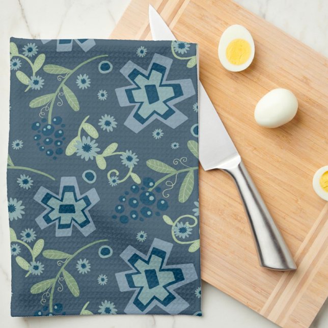 Linge De Cuisine Bleu Vert Floral Motif Amusant Chic Nom (Créateur téléchargé)
