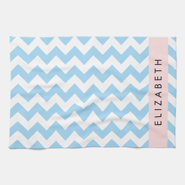 Linge De Cuisine Bleu Zigzag, Bleu Chevron, Vague Motif, Votre Nom (Horizontal)