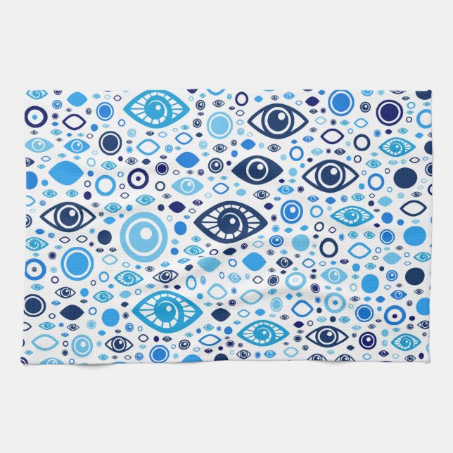 Linge De Cuisine Bleus grecs et blanc de motif d'oeil mauvais (Horizontal)