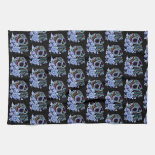 Linge De Cuisine Blue Floral Black Sugar Skull Jour des morts