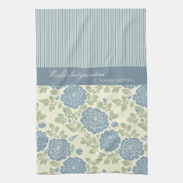 Linge De Cuisine Blue Floral Block Print w Blue Stripes (Vertical)