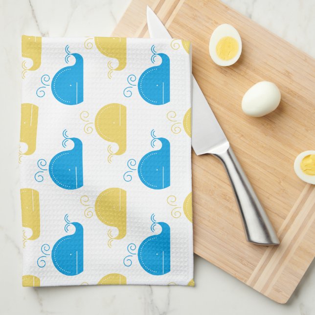 Linge De Cuisine Blue Gold et baleines blanches (Quart Plié)