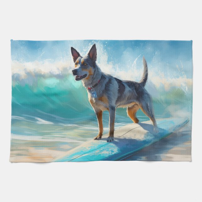 Linge De Cuisine Blue Heeler Beach Surfing Peinture (Horizontal)