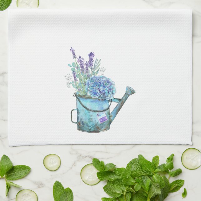 Linge De Cuisine Blue Lavender Hydrangea Water can Ferme Floral (Plié)