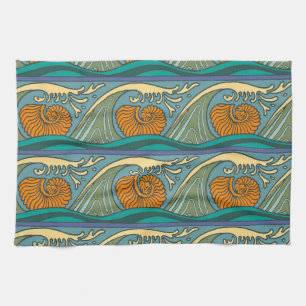 Linge De Cuisine Blue Ocean Waves Nautilus Seashell Motif Nouveau