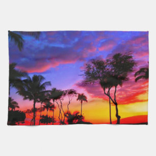 Linge De Cuisine Blue Red Sunset Exotic Hawaiian Beach Palm Trees