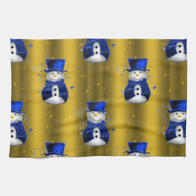 Linge De Cuisine Blue Snowman sur Gold Christmas (Horizontal)