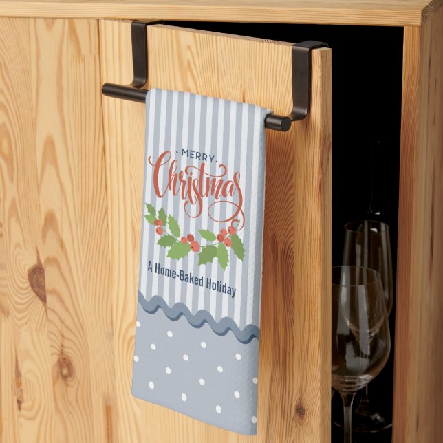 Linge De Cuisine Blue Stripes Holly Feuilles et baies Noël (Pliage en tiers)