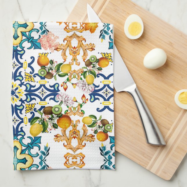 Linge De Cuisine Blue tiles Mediterranean Floral  (Quart Plié)