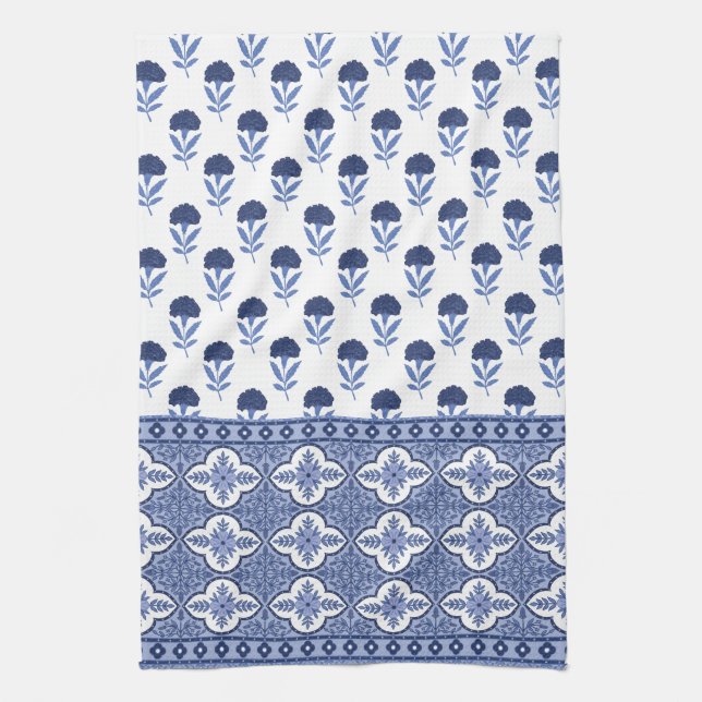 Linge De Cuisine Blue White Boho style tea towel (Vertical)