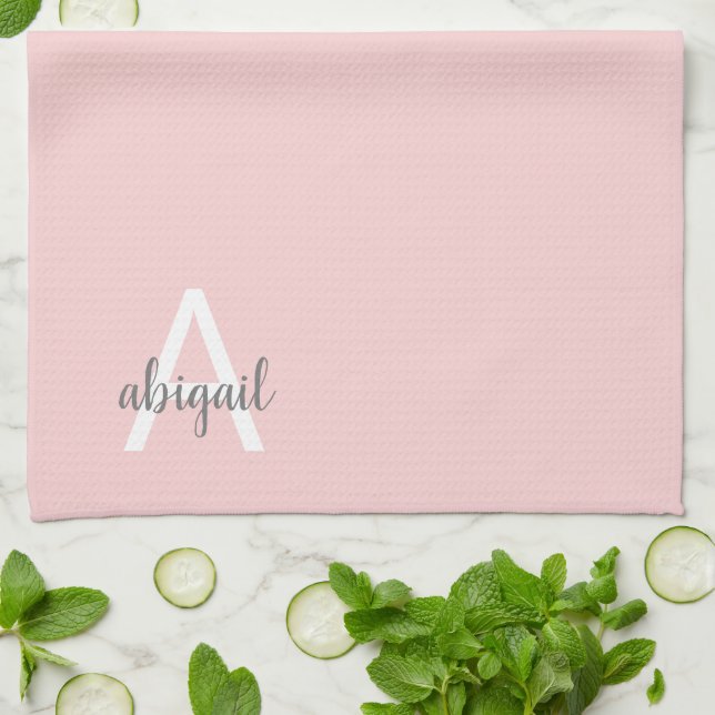 Linge De Cuisine Blush Pink Nom de famille Moderne Monogramme (Plié)
