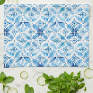 Linge De Cuisine Boho Blue Blanc Floral Abstrait