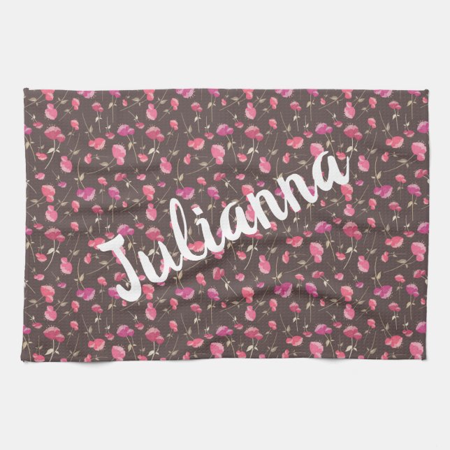Linge De Cuisine Boho Chic motif floral rose Brown personnalisé (Horizontal)